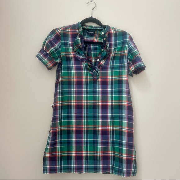 POLO RALPH LAUREN Girls Plaid  Dress Size 14 Blue Green Ruffle Short Sleeve Prep - Picture 1 of 6